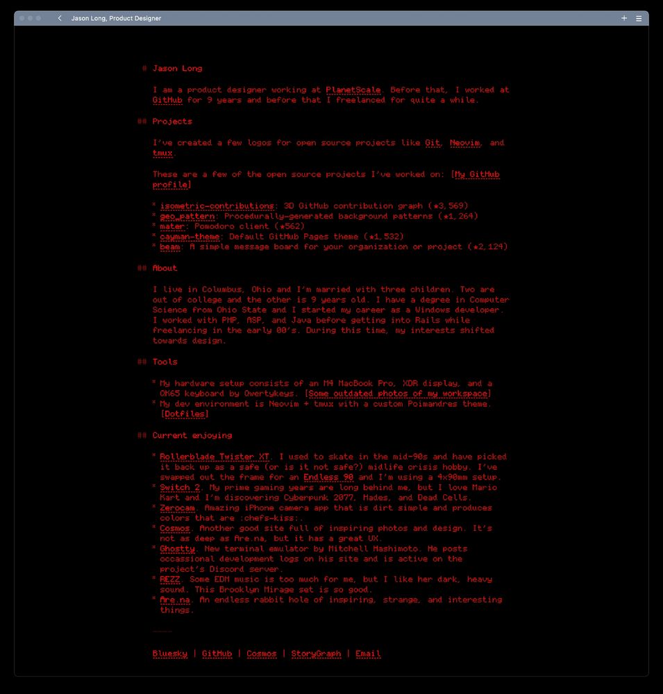 Website with darker background and all red text.