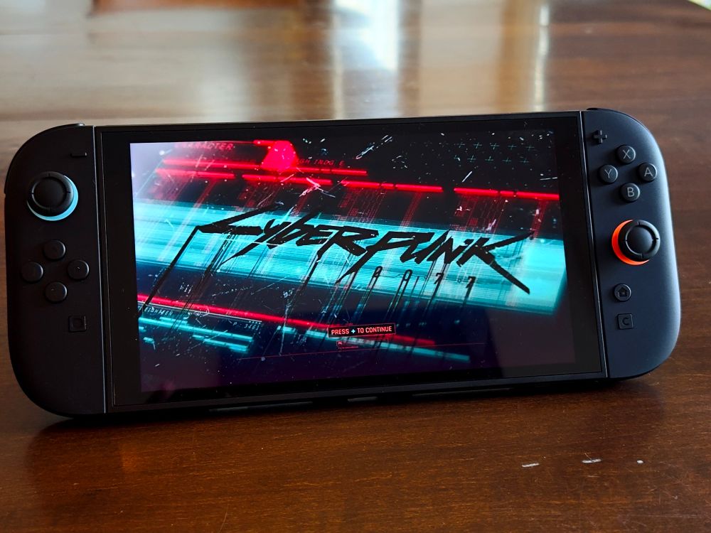 Switch 2 with Cyberpunk 2077 title screen