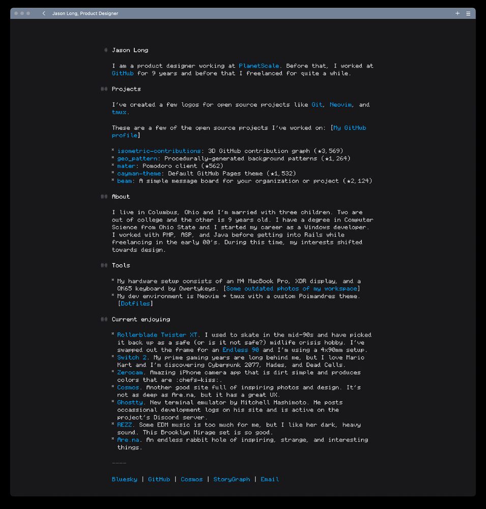 Website w/ dark background, white text, and blue links.