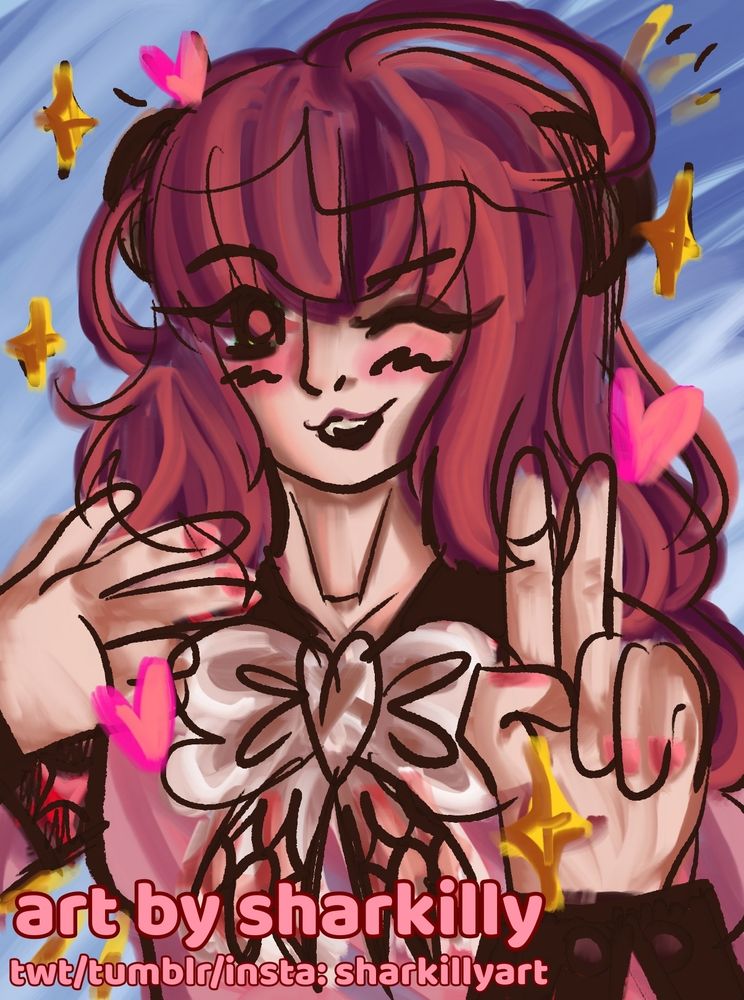 [with sketch lines] ukinami yuzuha making peace signs while winking at the camera