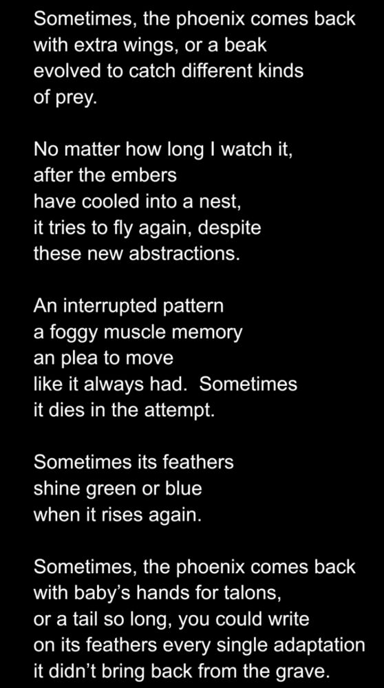 Sometimes, the phoenix comes back
with extra wings, or a beak
evolved to catch different kinds
of prey.

No matter how long I watch it,
after the embers
have cooled into a nest,
it tries to fly again, despite
these new abstractions.

An interrupted pattern
a foggy muscle memory
an plea to move 
like it always had.  Sometimes
it dies in the attempt.

Sometimes its feathers
shine green or blue
when it rises again.

Sometimes, the phoenix comes back 
with baby’s hands for talons,
or a tail so long, you could write
on its feathers every single adaptation
it didn’t bring back from the grave.
