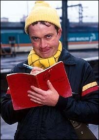 Harry Enfield masquerading as a train spotter