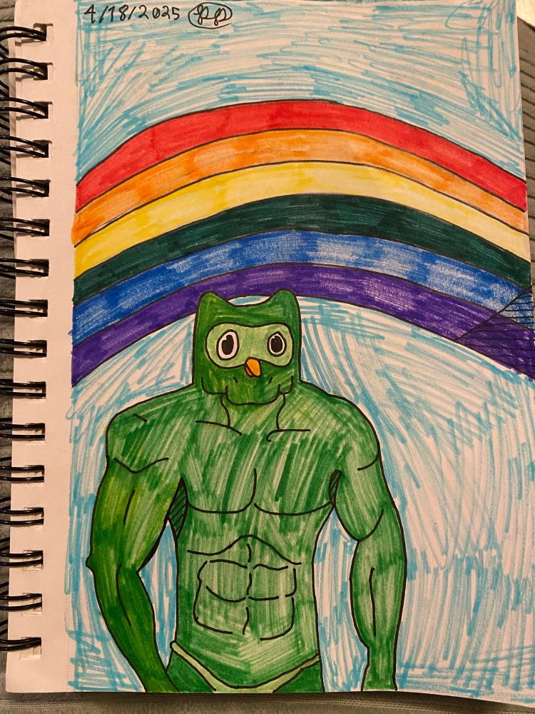 Marker drawing of a green, muscley Duolingo owl with a rainbow behind it. 