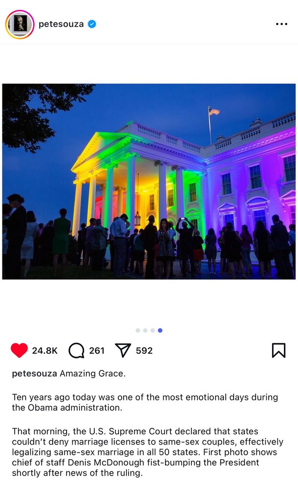 Instagram post from Pete Souza with a photo of the White House lit in rainbow colors taken on June 26, 2015. 
