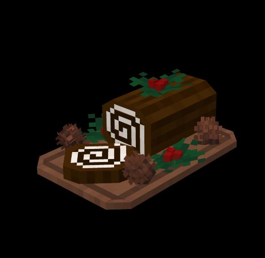 A chocolate yule cake 3D model for a minecraft mod called Decocraft.
It has a cream swirl center. It also has pinecones and holly leaves with berries as decorations. It is sitting on a rectangular, wooden platter.