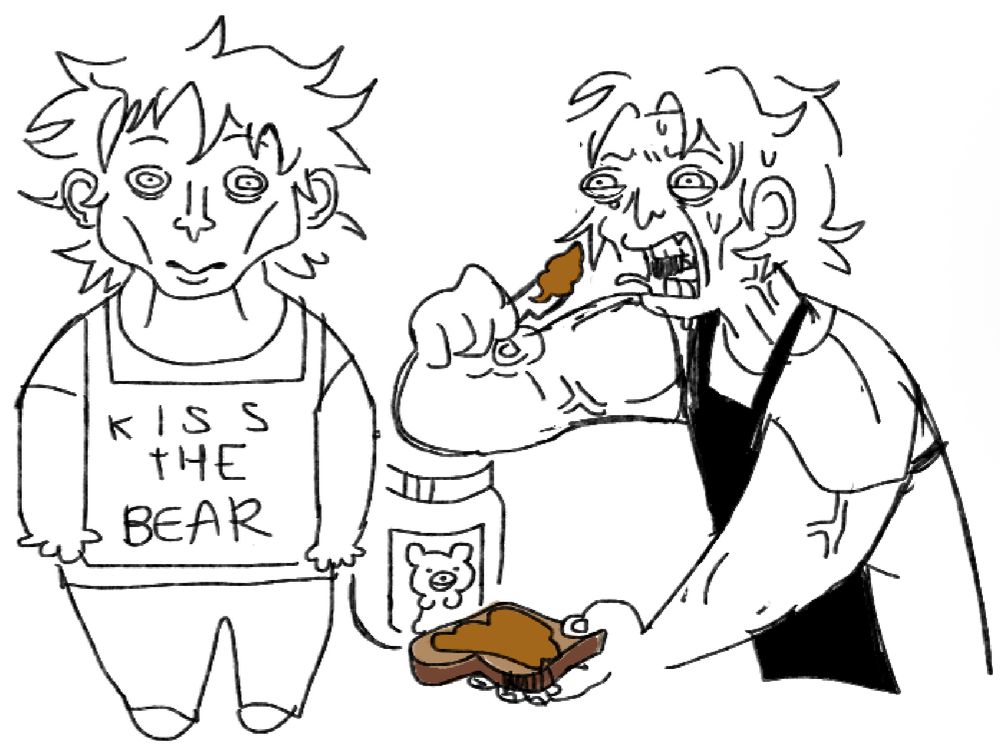 carmy from the bear standing vacantly with a “kiss the bear” apron + carmy screaming while spreading kraft peanut butter on a piece of toast 