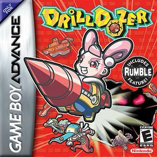 game boy advance box art for the game drill dozer. it features a pink girl in a machine with a large drill in front. she is bursting through a red background