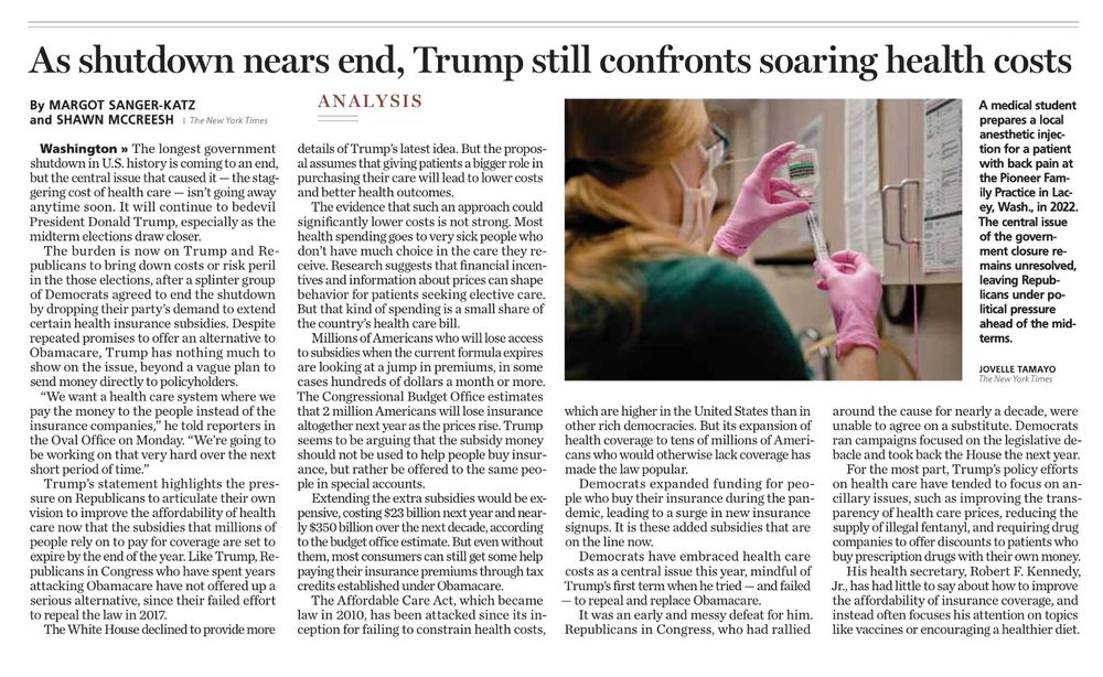 Screenshot of an article appearing in today’s Salt Lake Tribune. This analysis is titled, “As shutdown nears end, Trump still confronts soaring healthcare costs.” Authors Margot Sanger-Katz and Shawn McCreesh, NYT.

There’s a photo of a medical student in Washington state preparing a syringe, below and right of the title.