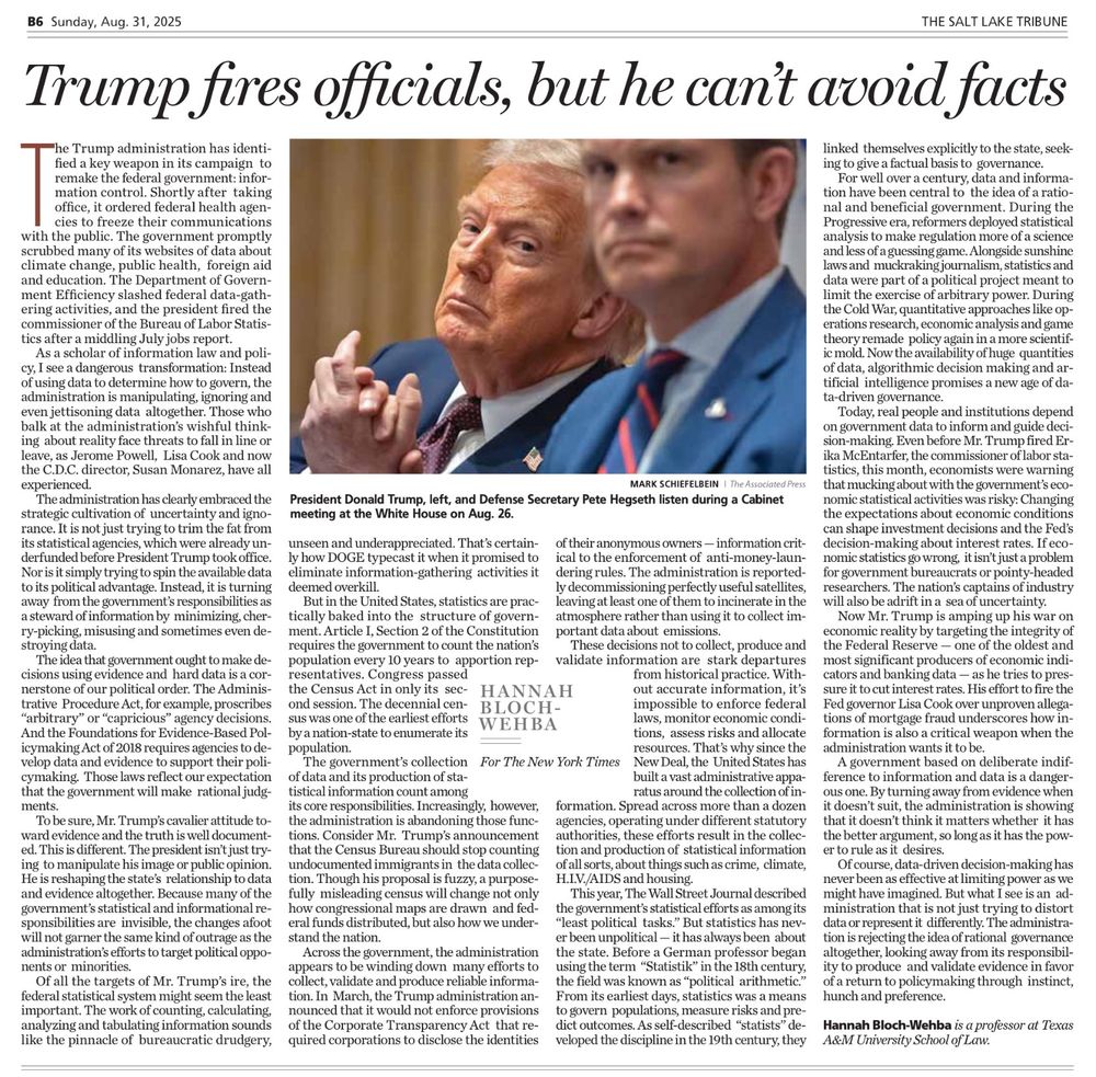 Screenshot of an editorial in today’s Salt Lake Tribune. Titled, “Trump fires officials, but he can’t avoid facts”. Author, Hannah Bloch-Wehba, New York Times. Opinion: Trump’s firing of personnel, hiding evidence, obstructing the truth, will not change facts.