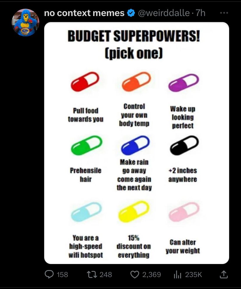 A typical interaction bait post on Twitter listing nine hypothetical pills, each associated with a “budget superpower”, with a prompt to pick only one