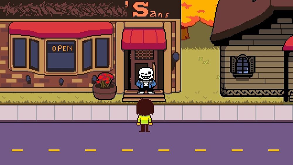 Screenshot from Deltarune light world segment. Kris (the player character) is standing in the street, facing Sans (funny comic sans skeleton man in blue hoodie) as he blocks the entrance to a building labeled " 'Sans ", despite there being an "OPEN" sign in the window.