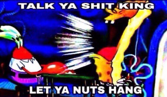 Deep-fried screenshot of the SpongeBob episode where SpongeBob, Patrick, and Mr. Krabs go on a treasure hunt based on a board game. Captioned 