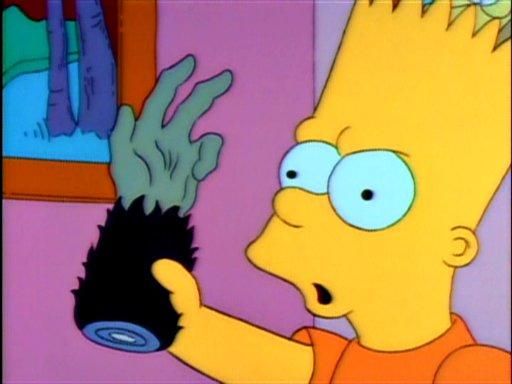 Screenshot of an early Simpsons Halloween episode where the titular family gains access to a wish-granting monkey's paw.

Specifically, the famous shot of Bart holding up the monkey's paw (with one finger already curled downward) as he's making his wish.