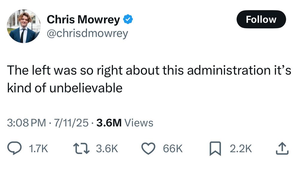 @chrisdmowery tweets “the left was so right about this administration it’s kind of unbelievable”
