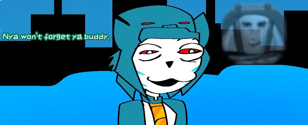 Weirdly drawn Lyzack in a poorly rendered city with water saying "nya won't forget ya buddy." Mirroring Venom 3's ending with a low opacity diamond bolt pfp on the right