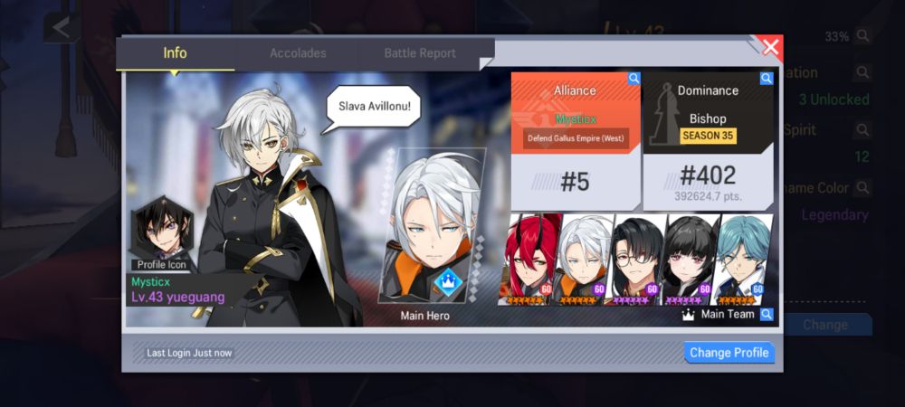 screenshot of profile from game lord of heroes