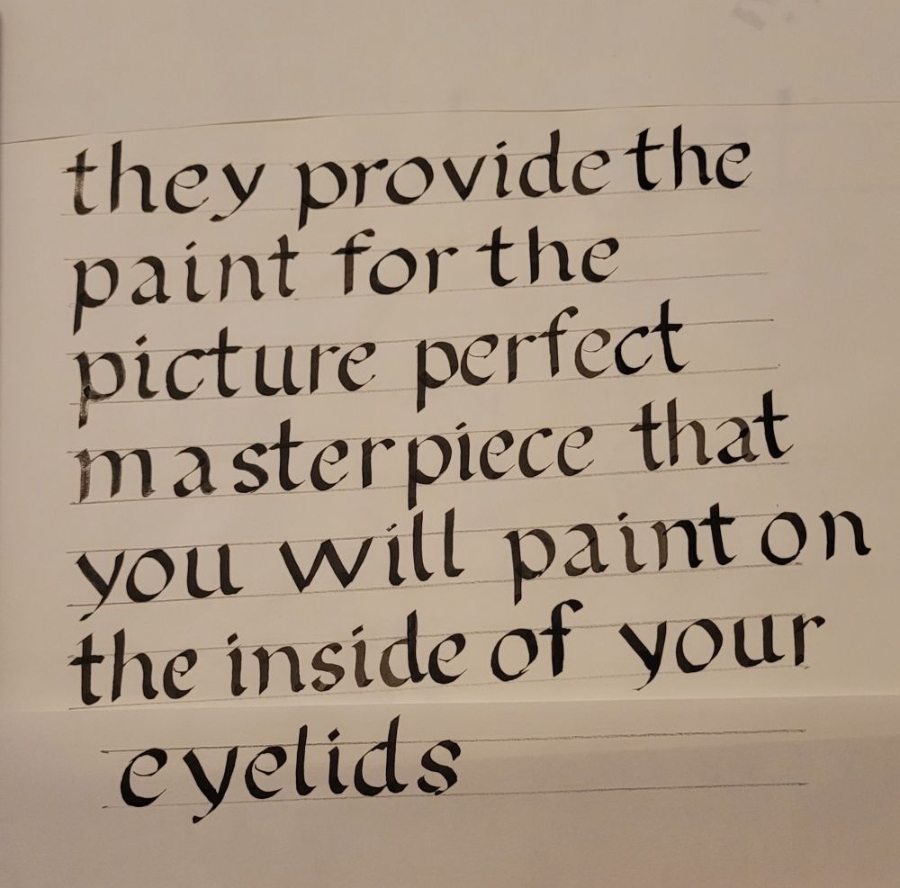 The opening lyrics and title to the Streetlight Manifesto song "They provide the paint for the picture perfect masterpiece that you will paint on the inside of your eyelids" written in calligraphy.