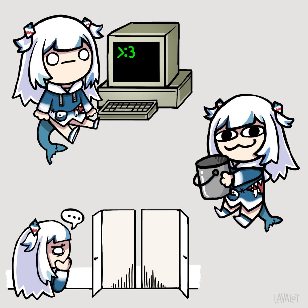 Several doodles of the Hololive Vtuber Gawr Gura in situations or with items from the video game The Stanley Parable. One of which, with her holding a bucket, is the one she used as the thumbnail for her video/stream of it. 