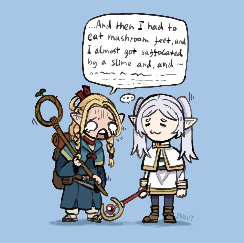 Small doodle of Marcille from Dungeon Meshi and Frieren from Frieren beyond journeys end. Marcille is venting about events from episode, saying "...And then I had to eat mushroom feet, and I almost got suffocated by a slime, and, and...". Frieren looks a little tired making a 3 mouth.