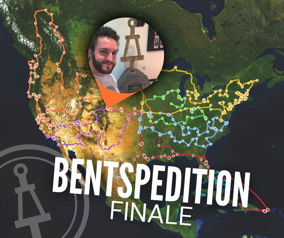 "Bentspedition Finale"
Pictured is a map with routes to each Tau Beta Pi Chapter in North America, the Tau Beta Pi logo, and an image of Nicholas Divilbiss with one of the Bents he visited.
