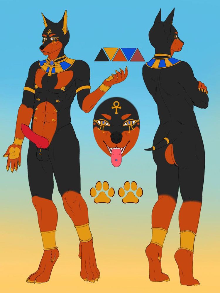 Ref sheet for Rhubis, an Anubian Jackal Doberman Pinscher hybrid