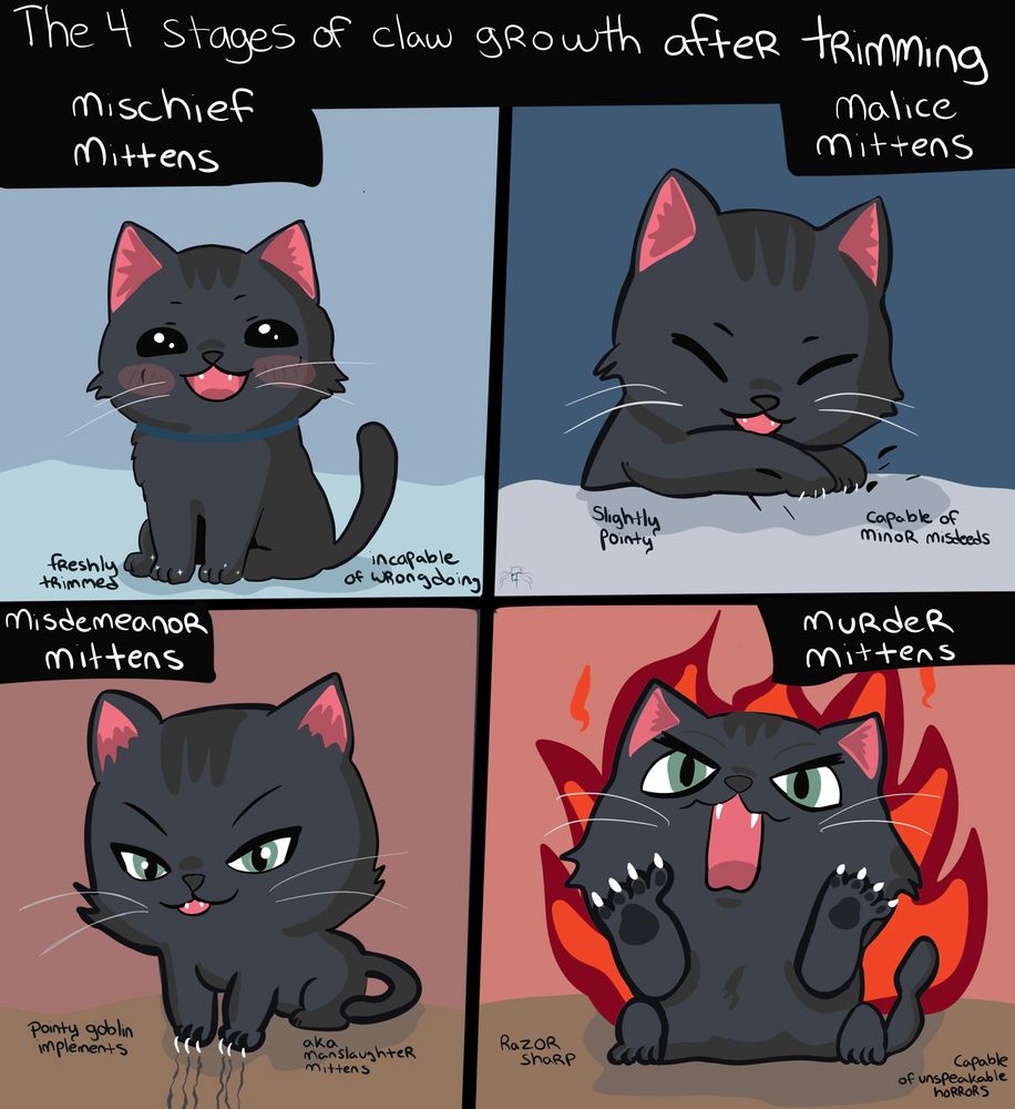 A four panel comic highlighting the four stages of cat claw growth: mischief mittens, malice mittens, misdemeanor mittens, and murder mittens.