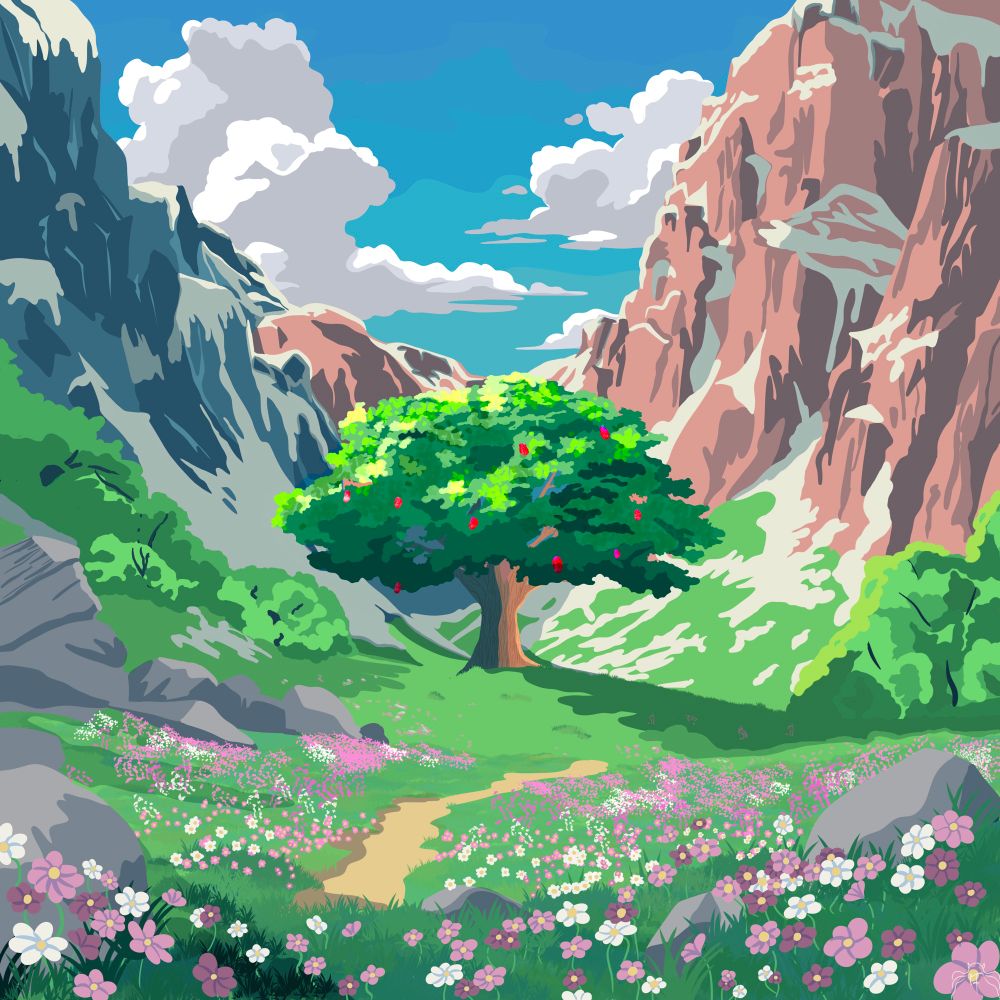A beautiful serene meadow surrounded on three sides by rocky cliffs. A tree sits in the center of the meadow with small, sparkly fruits on it.