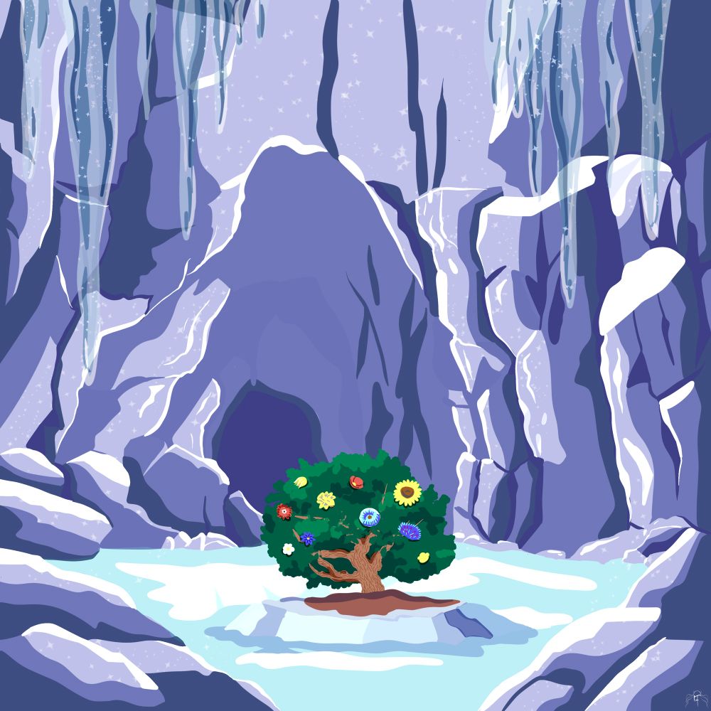 A cave made completely out of ice. Large icicles hang from the ceiling. In the center is a tiny bush with flowers on it from many different plants, clearly magical.