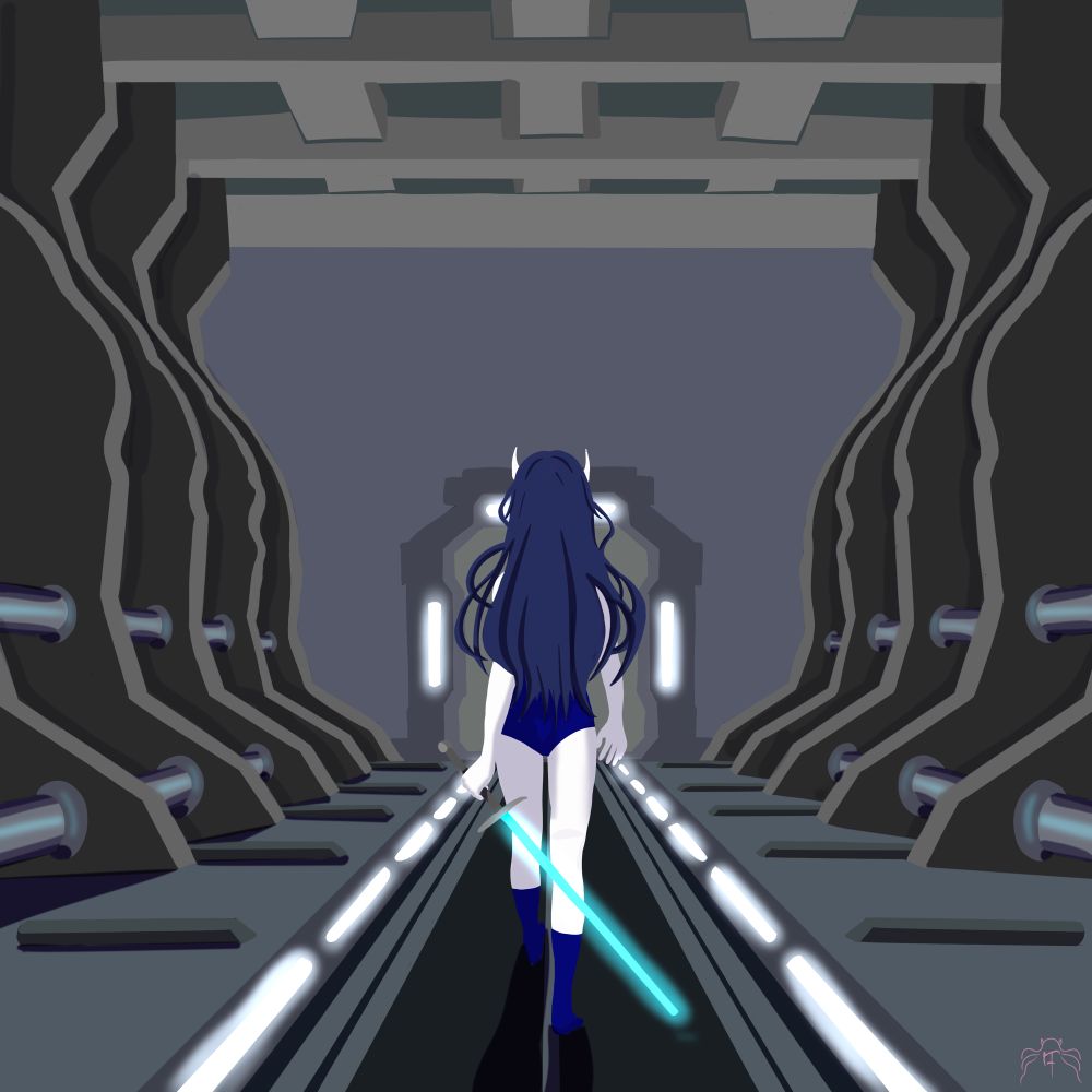A woman with long blue hair and carrying a laser sword walking away from the viewer in a futuristic setting.