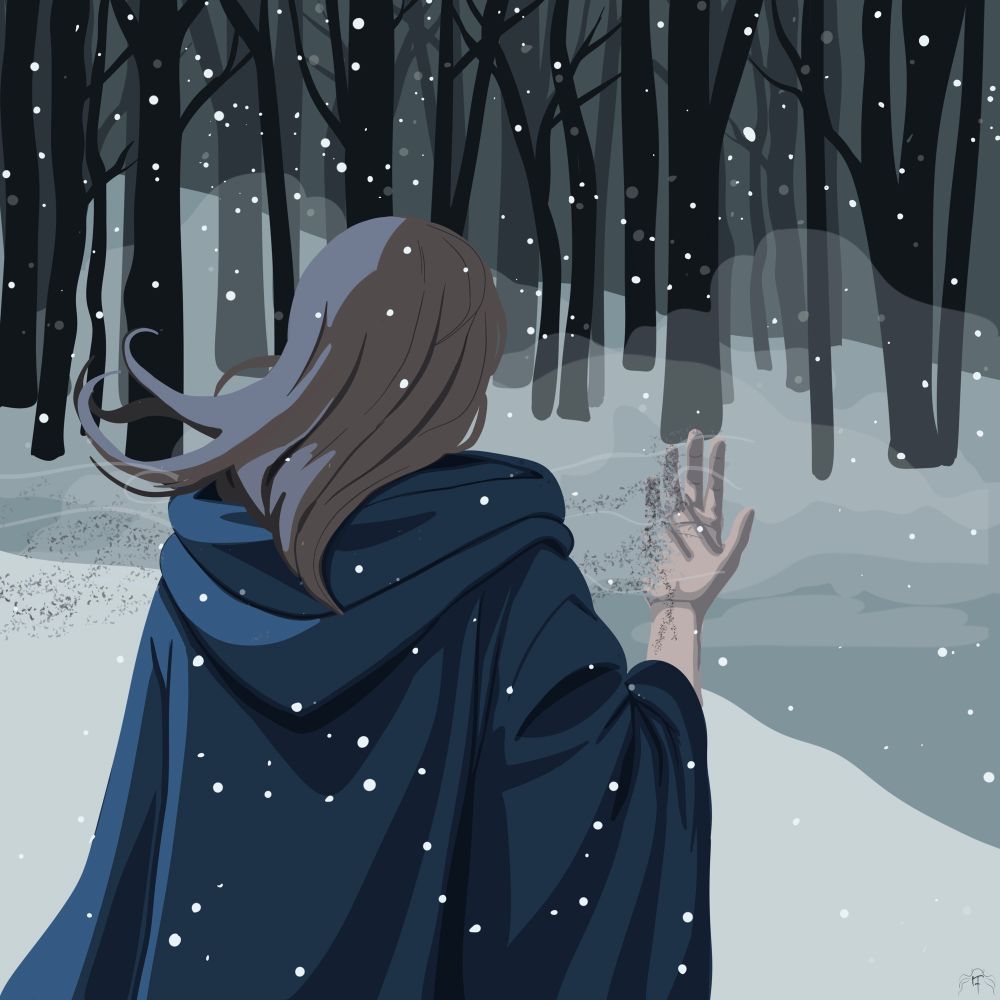 A woman standing in a snow storm. Her hand is slowly turning to ashes and drifting away on the wind.
