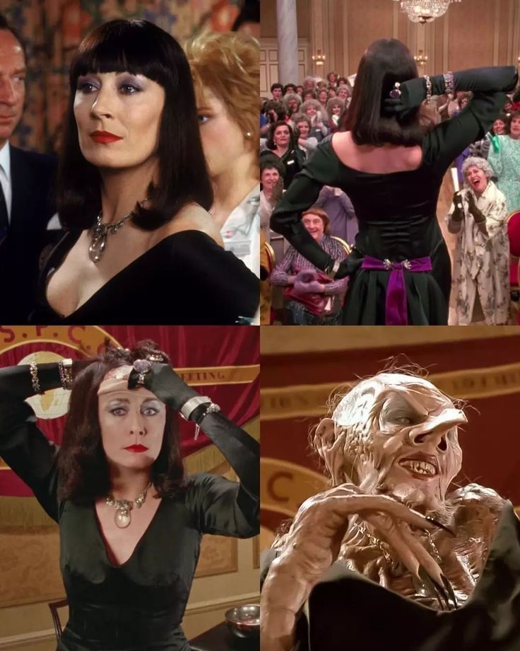 4 pictures of Miss Erva Ernst, played by  Anjelica Huston. 1. Full face shot, with some modest cleavage. She has a fringe, purple eyeshadow and red lipstick. 2. A back shot, with one hand on her hip and the other behind her head, she poses in front of a crowd. 3. She is removing a mask from the top of her head, whilst removing a wig backwards. 4. Full witch mode activated, a long talon-like claw poses underneath her now protruding chin. A long pointy nose shoots out above a sharp toothed grin. She is now hideous compared to her disguised self.
