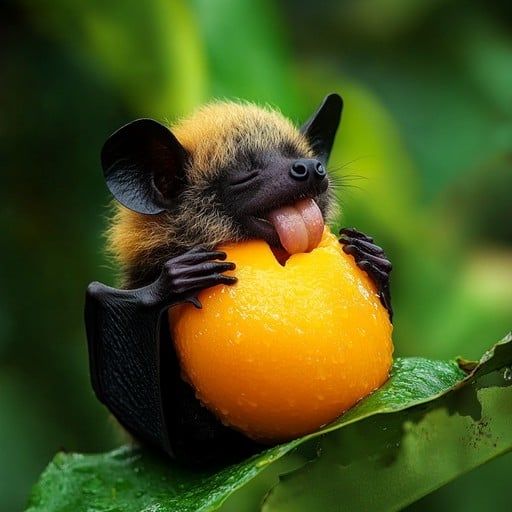 The cutest motherfucking fruit bat you've ever seen. Hugging an orange fruit, eyes closed with tongue lolling out. Fluff surrounding its head, looking as content as fuck