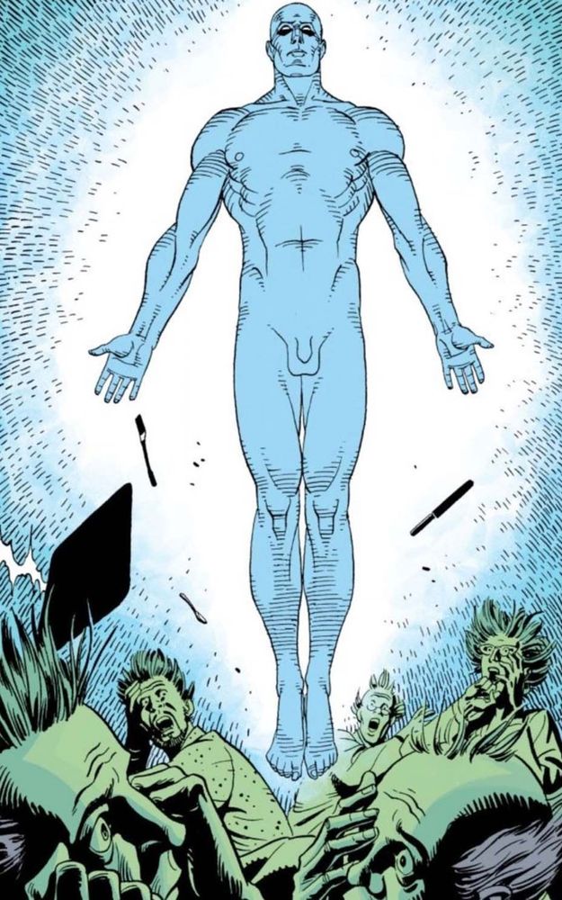 A picture from a comic book of Dr Manhattan with his junk out vaporising fools