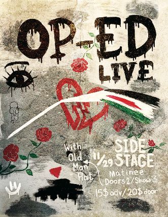 Op-Ed live poster featuring graffiti on a concrete wall with a broken heart and Palestinian flag.