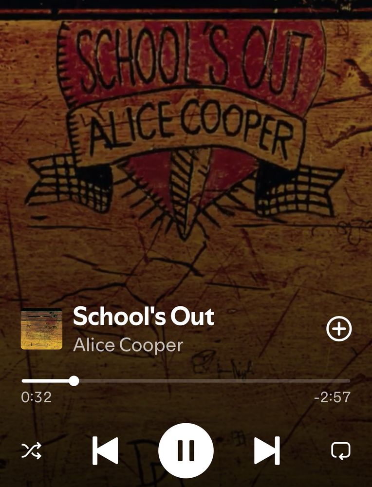 A screenshot of the Spotify app with the song being played "School's Out" by Alice Cooper. 