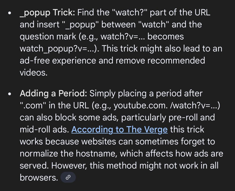 A screenshot of URL tricks to make YouTube ads go away when watching videos