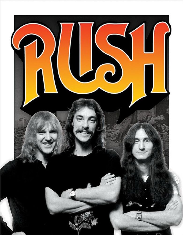 A picture of the band Rush with members Alex Lifeson, Neil Peart and Geddy Lee. 