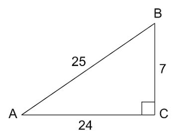 A diagram of a right triangle with legs of 7 and 24 and a hypotenuse of 25. 