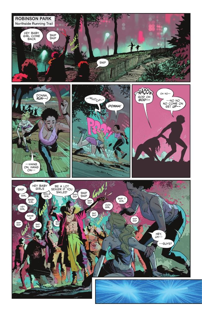 Comic art from Batman (2025)#1 apparently showing crossdressing me attackking two women with scissors saying, among other thing "Be a lot sexier if you smiled."