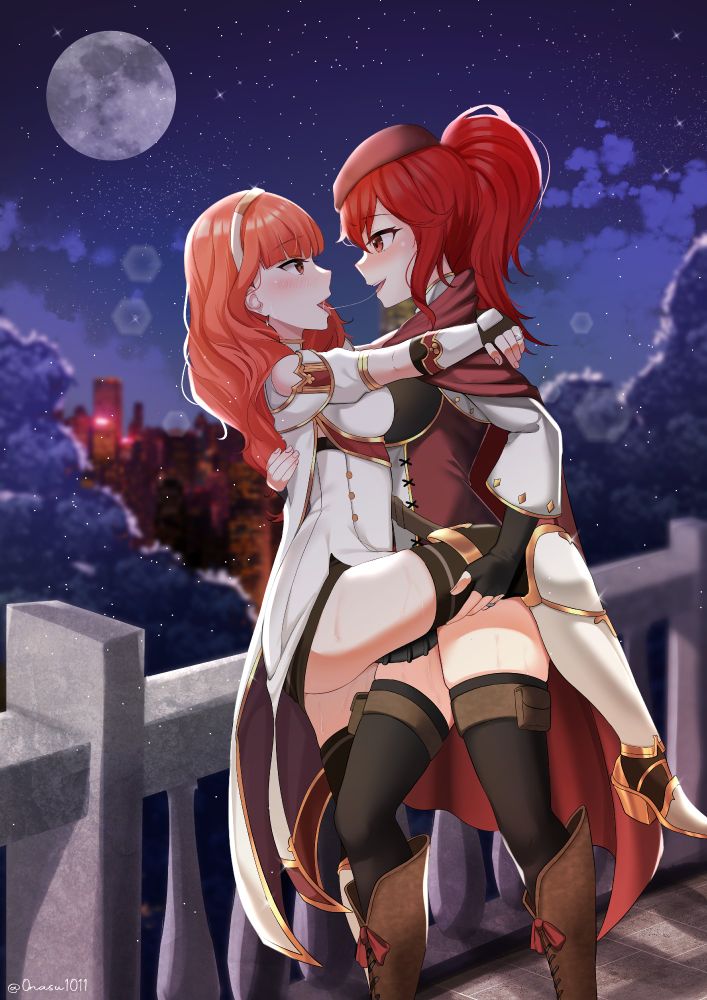 A scene of Anna and Celica from Fire Emblem on a balcony together, Anna fucking Celica with a strap-on as they pull back from a kiss.