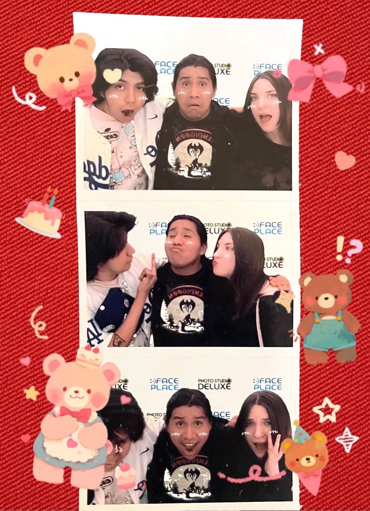 Printed out arcade photo cards of me and my friends Fern and Jorge.