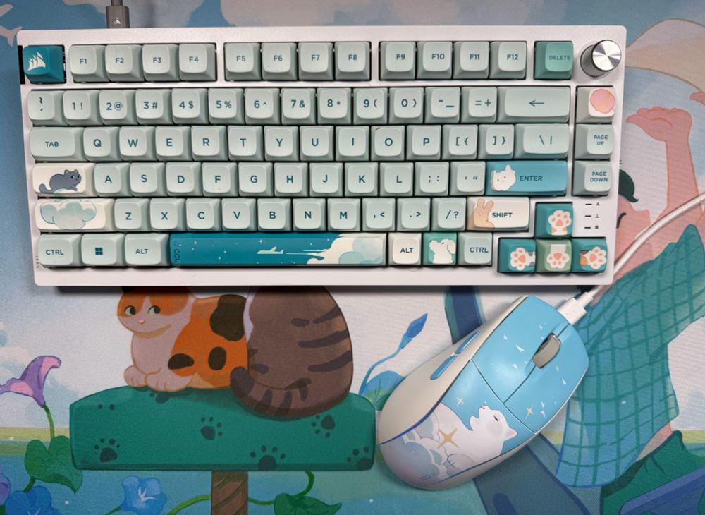 A CORSAIR Custom Lab bundle including a K65 PLUS WIRELESS, M75 WIRELESS, and a MM300 2XL mousepad in the design "Spring Whiskers". The design includes Cat-themed motifs in a light blue + green color theming. The face of the mouse has a white cat design with a light blue background. 