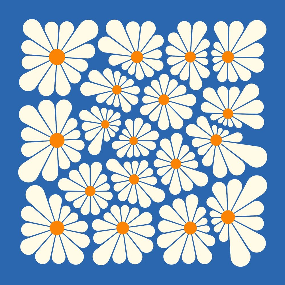 Blue background. 18 geometric flowers shaped like Voronoi cells, with orange centres and 12 white petals.