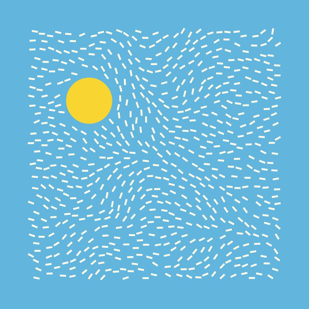 Abstract generative art composition. Light blue background, a yellow circles and short white lines creating wavy patterns.