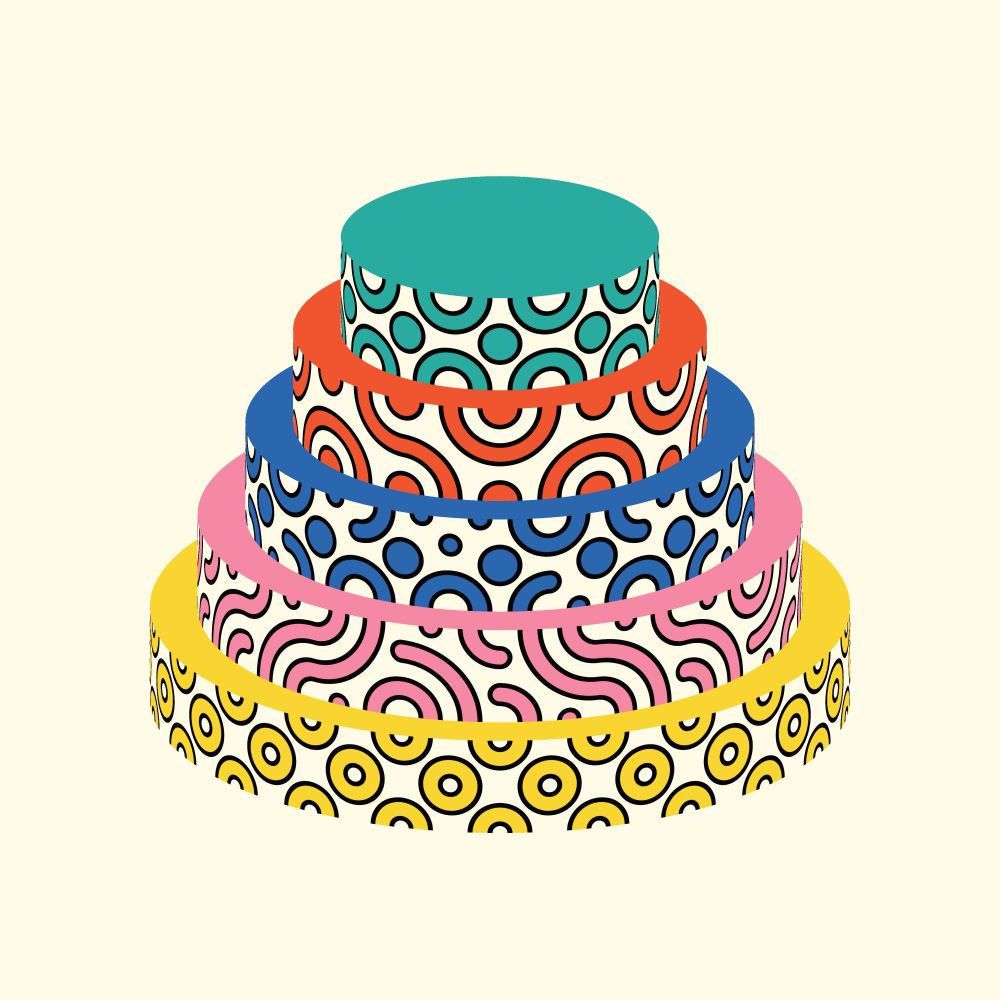 Off-white background. Abstract layer cake with 5 levels (yellow, pink, blue, red and green), with different Truchet patterns on each one.