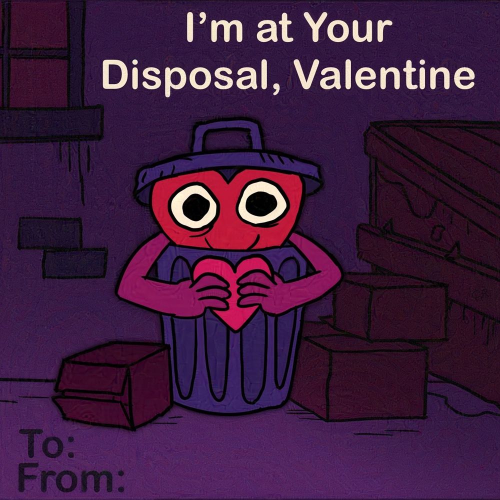 A cartoon heart in a garbage can holding a valentine. Text reads, "I'm at your disposal, Valentine"