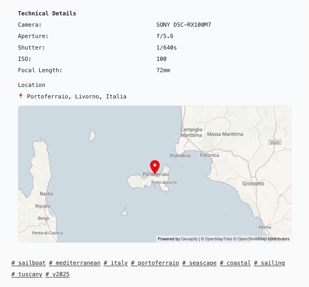 Screenshot of technical details and static map of a photo page generated with AstroJS/Cactus-Theme photo stream feature.