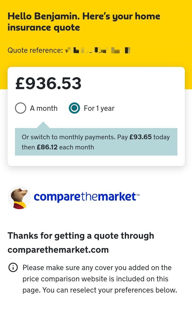 Screenshot of a quote on the providers website, showing a price of £936.53