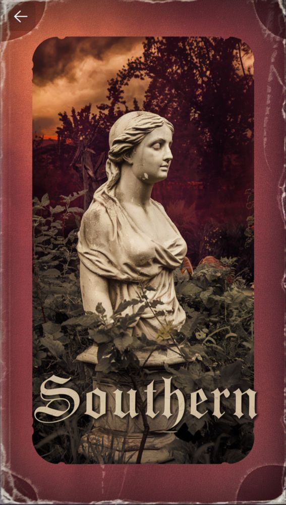 Statue in a garden with the word SOUTHERN across the lower fourth.