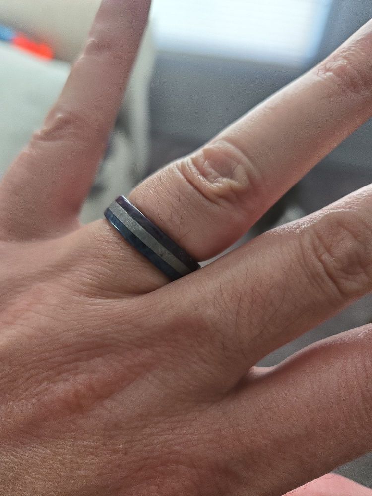 A shot of my left hand with my wedding  ring. The ring is three colors, blue, silver, and purple.